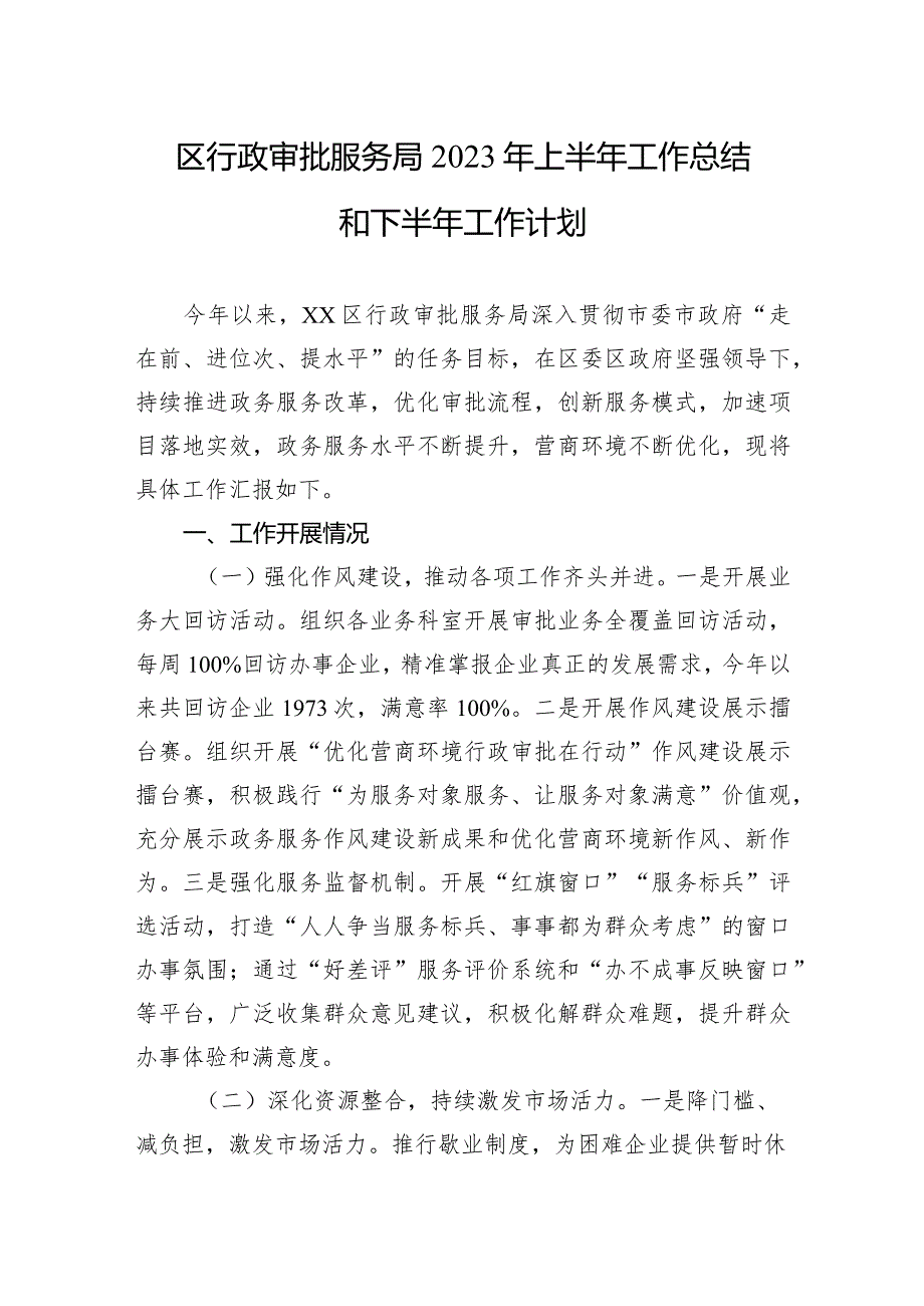 区行政审批服务局2023年上半年工作总结和下半年工作计划(20230904).docx_第1页