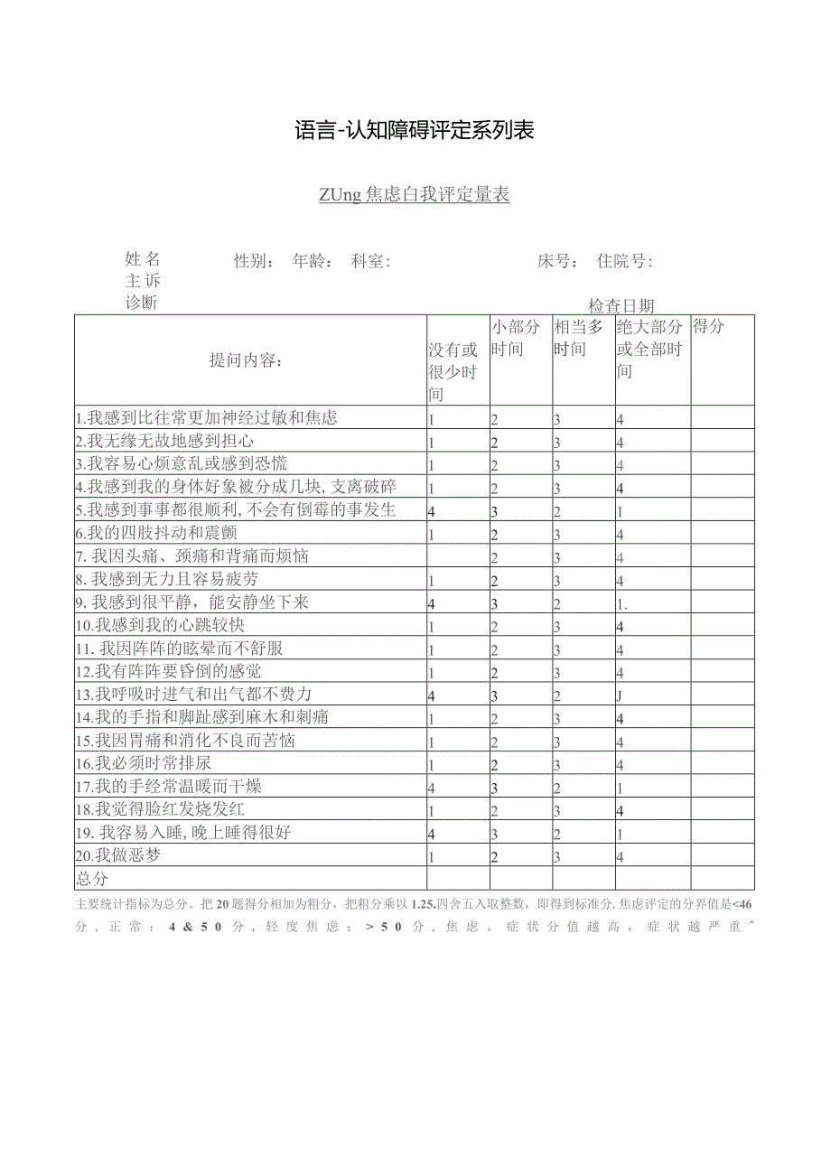 康复医学科ZUNG焦虑自我评价表.docx_第1页