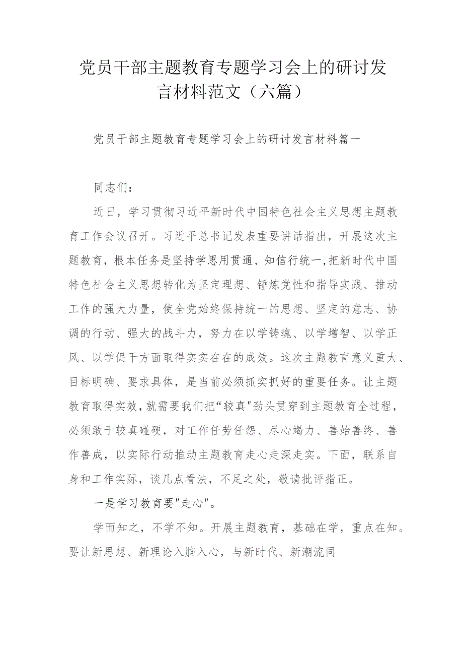 党员干部主题教育专题学习会上的研讨发言材料范文（六篇）.docx_第1页