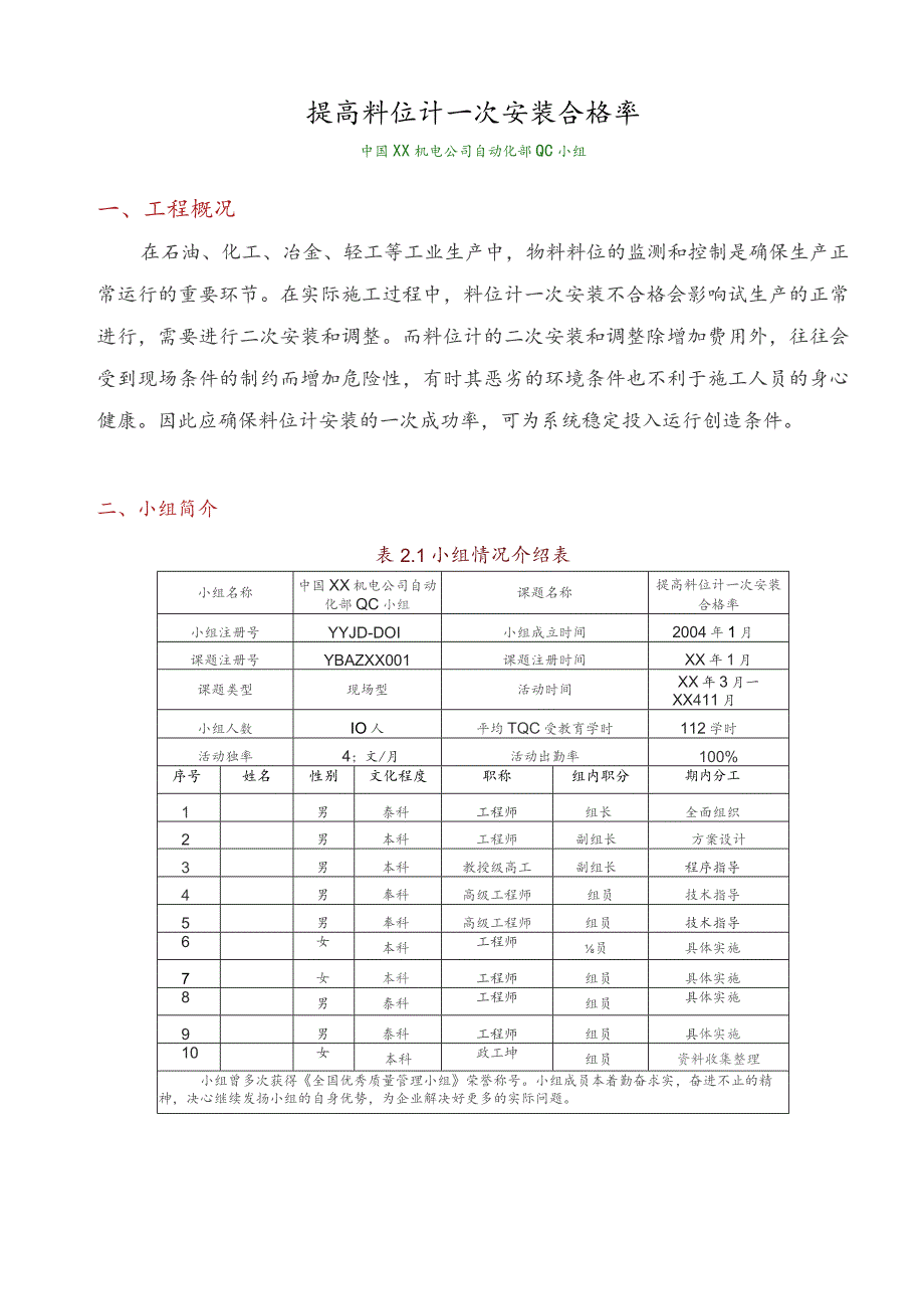 工程建设公司QC小组提高料位计一次安装合格率成果汇报书.docx_第1页