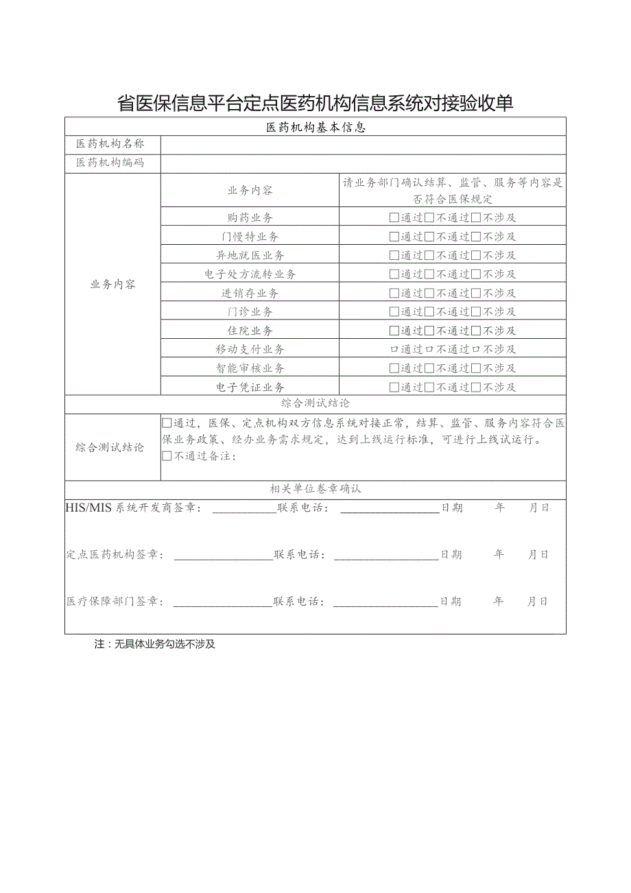 省医保信息平台定点医药机构信息系统对接验收单表.docx_第1页