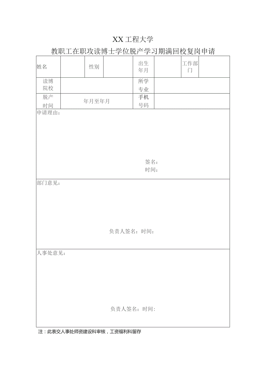 XX工程大学教职工在职攻读博士学位脱产学习期满回校复岗申请（2023年）.docx_第1页