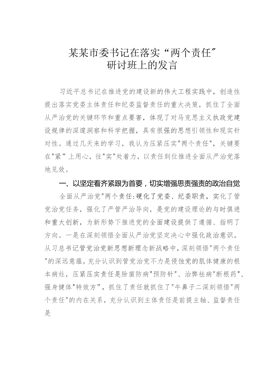 某某市委书记在落实“两个责任”研讨班上的发言.docx_第1页