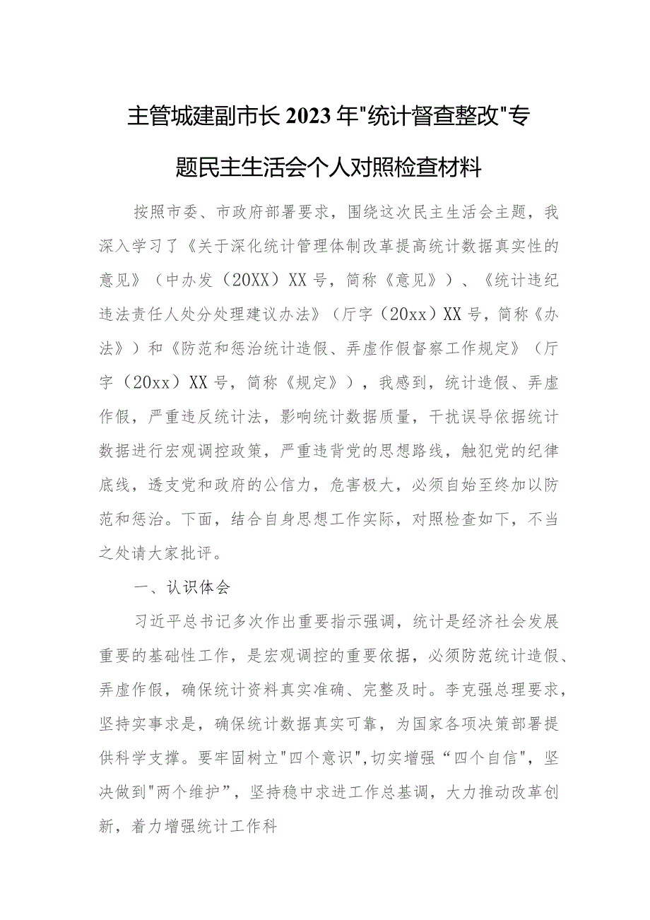 主管城建副市长2023年“统计督查整改”专题民主生活会个人对照检查材料.docx_第1页