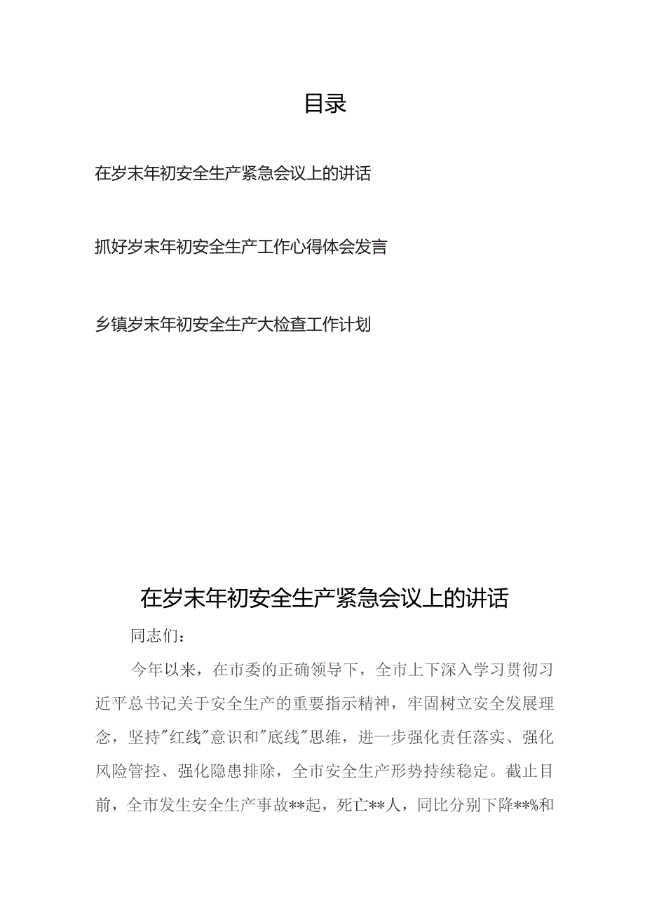 抓好在岁末年初安全生产紧急会议、大检查工作计划心得体会发言3篇.docx_第1页