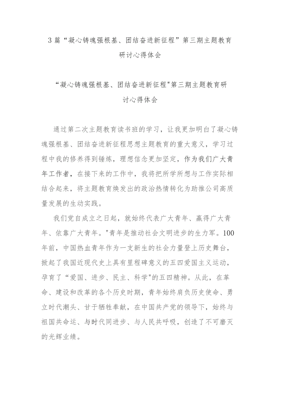 3篇“凝心铸魂强根基、团结奋进新征程”第三期主题教育研讨心得体会.docx_第1页