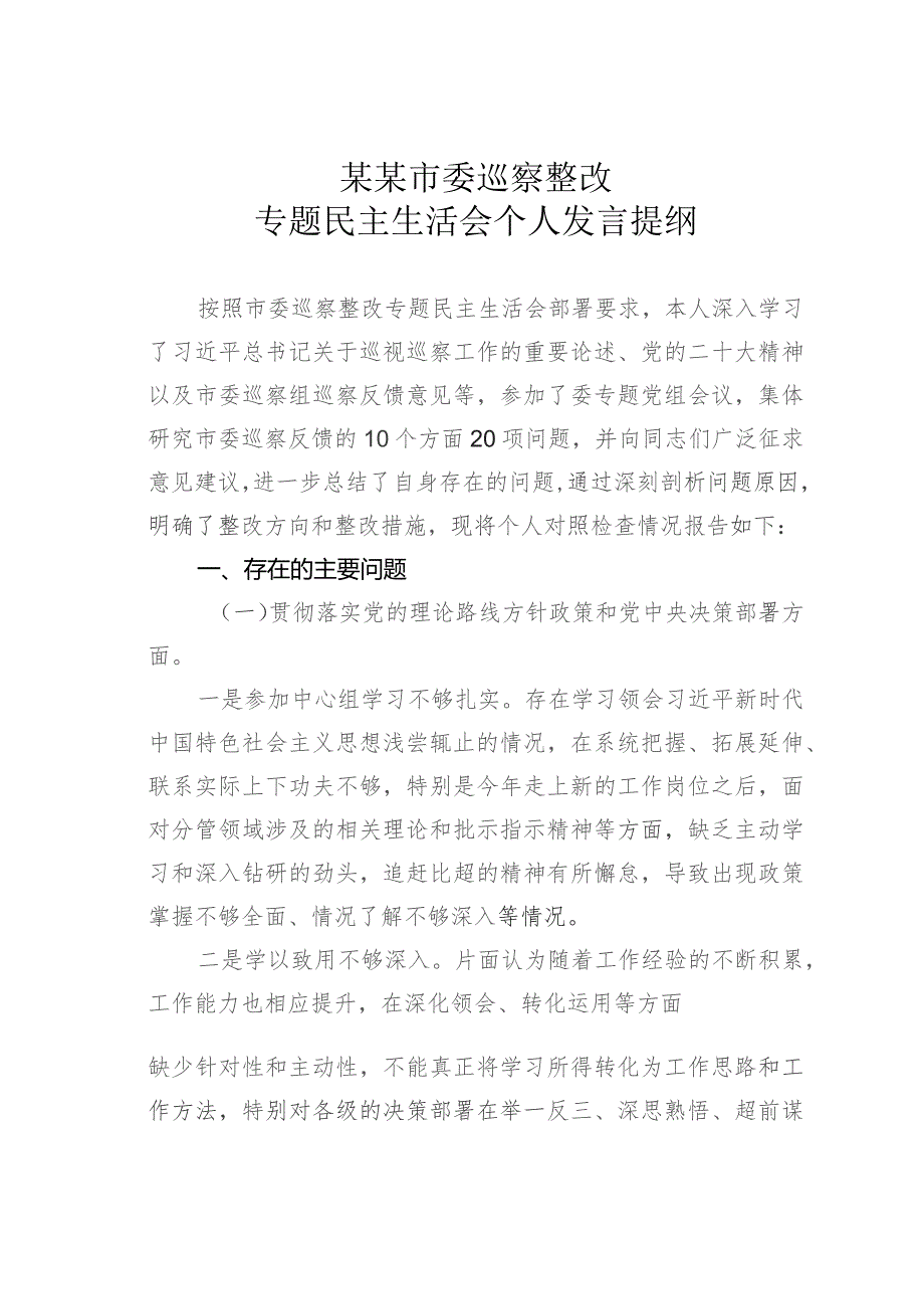 某某市委巡察整改专题民主生活会个人发言提纲.docx_第1页