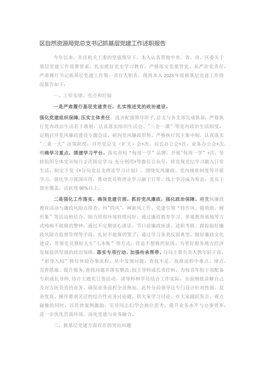 区自然资源局党总支书记抓基层党建工作述职报告.docx_第1页