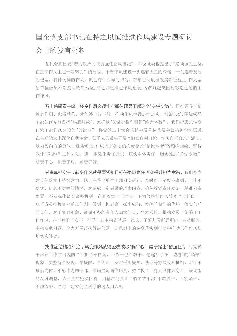 国企党支部书记在持之以恒推进作风建设专题研讨会上的发言材料.docx_第1页