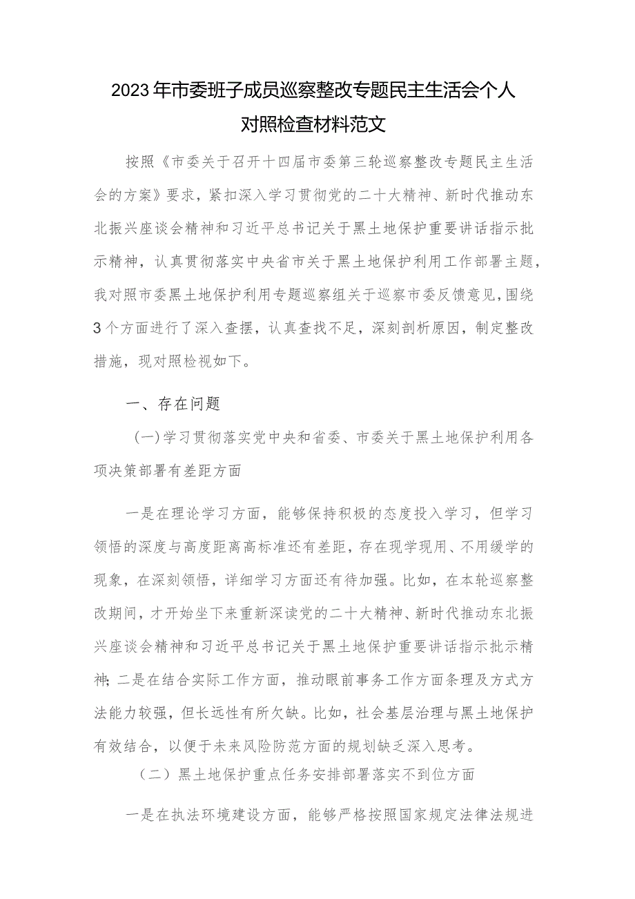 2023年市委班子成员巡察整改专题民主生活会个人对照检查材料范文.docx_第1页