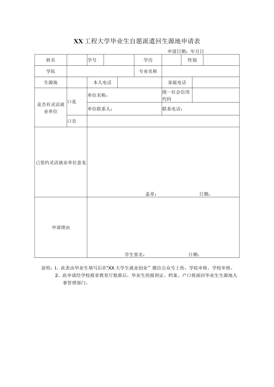 XX工程大学毕业生自愿派遣回生源地申请表.docx_第1页