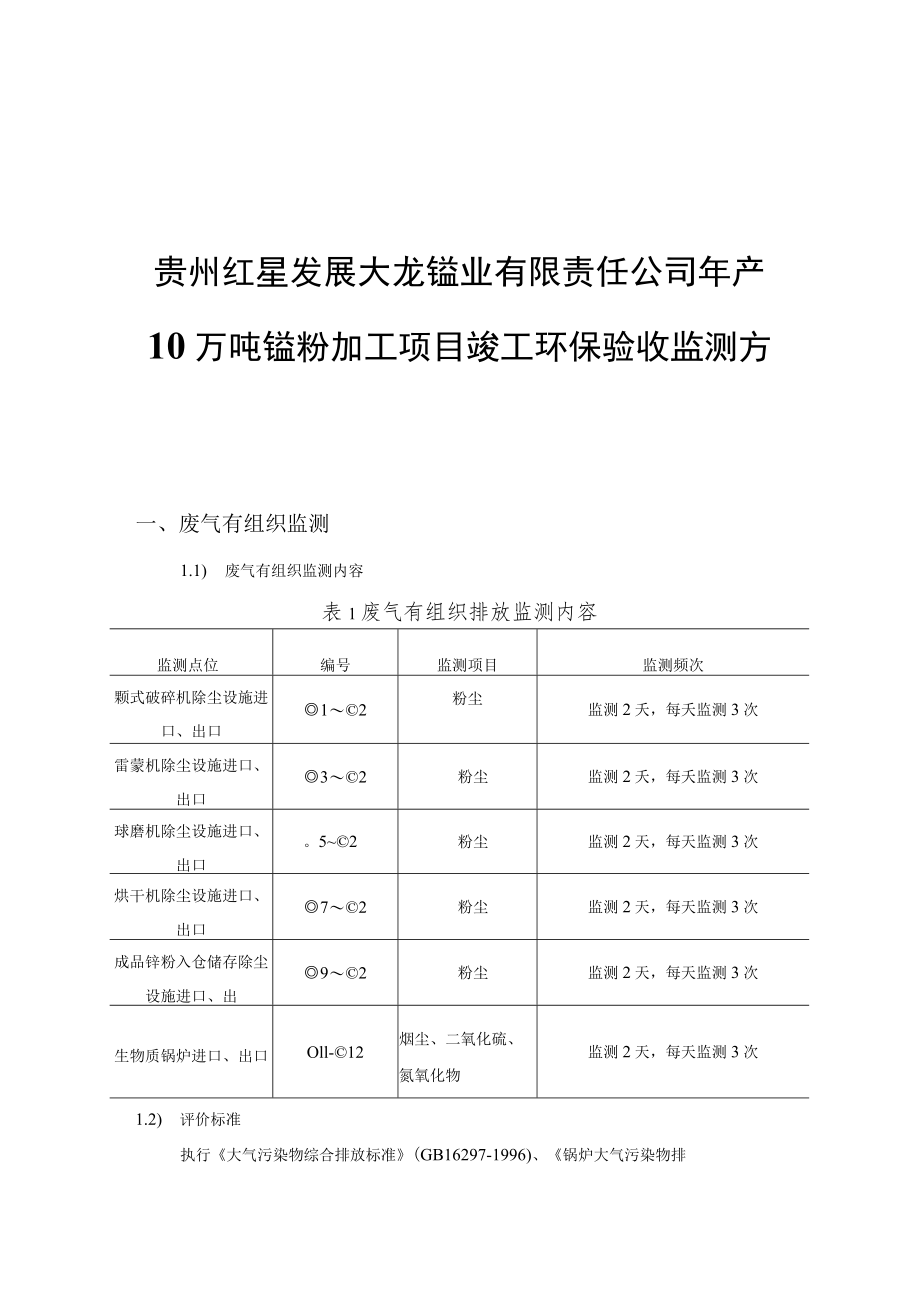 贵州红星发展大龙锰业有限责任公司年产10万吨锰粉加工项目竣工环保验收监测方案.docx_第1页