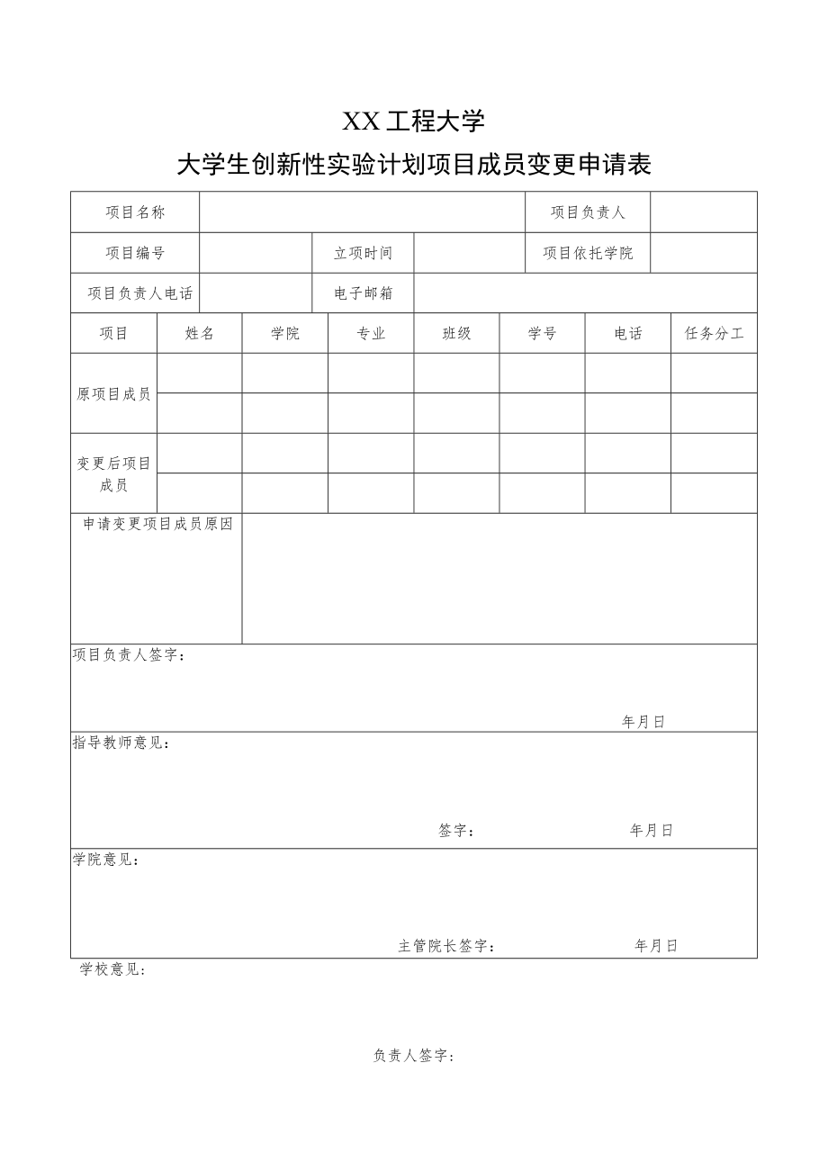 XX工程大学大学生创新性实验计划项目成员变更申请表.docx_第1页