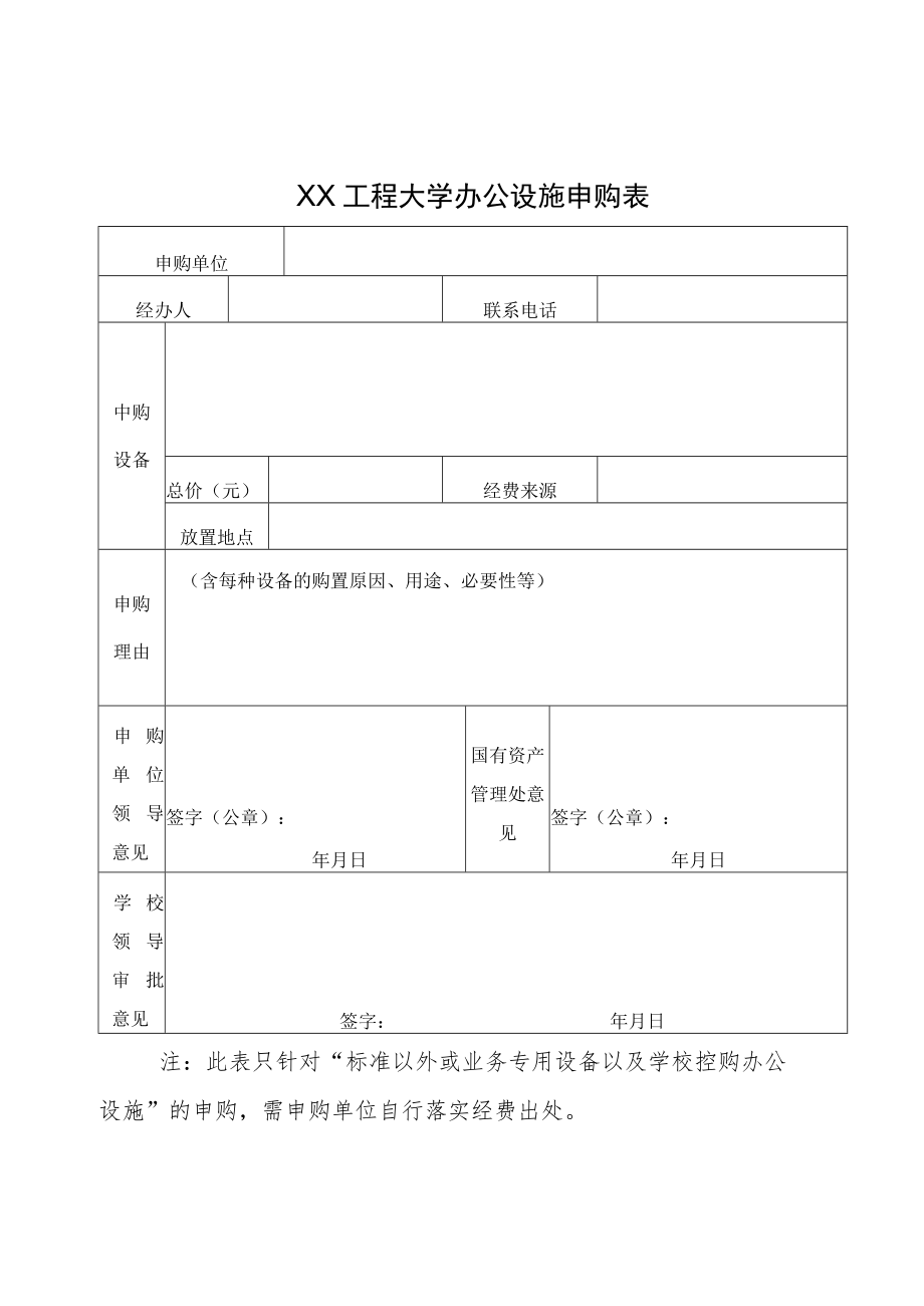 XX工程大学办公设施申购表.docx_第1页