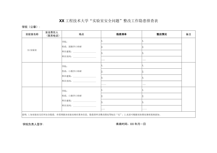 XX工程技术大学“实验室安全问题”整改工作隐患排查表.docx_第1页