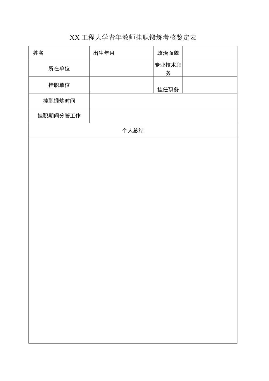 XX工程大学青年教师挂职锻炼考核鉴定表.docx_第1页