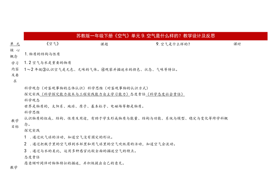 苏教版科学2023新版一年级下册第三单元空气第9课空气是什么样的？教案教学设计及反思.docx_第1页