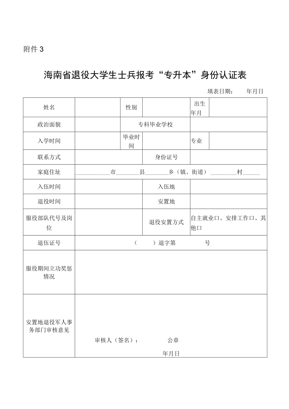 海南省退役大学生士兵报考“专升本”身份认证表.docx_第1页