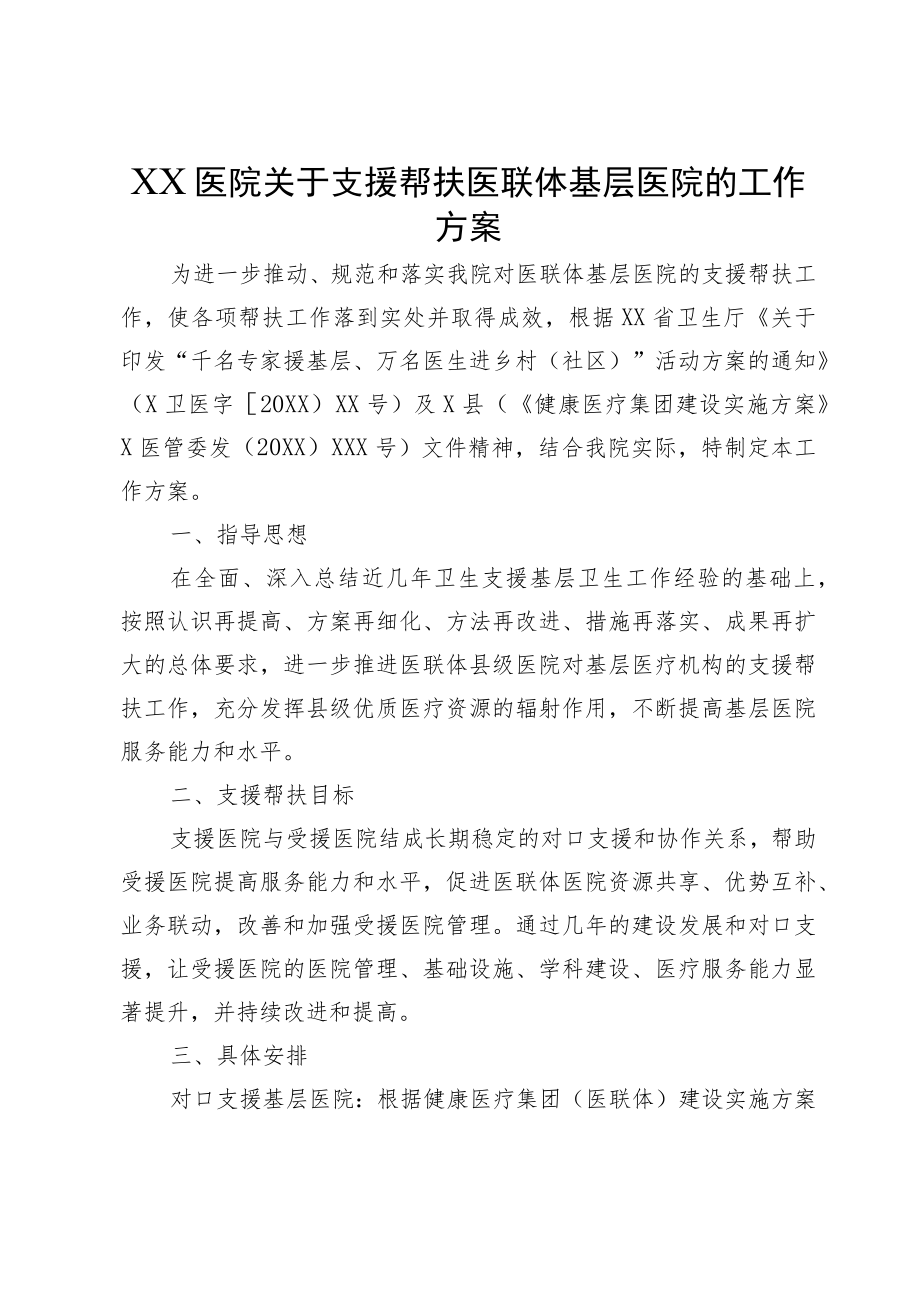 XX医院关于支援帮扶医联体基层医院的工作方案.docx_第1页