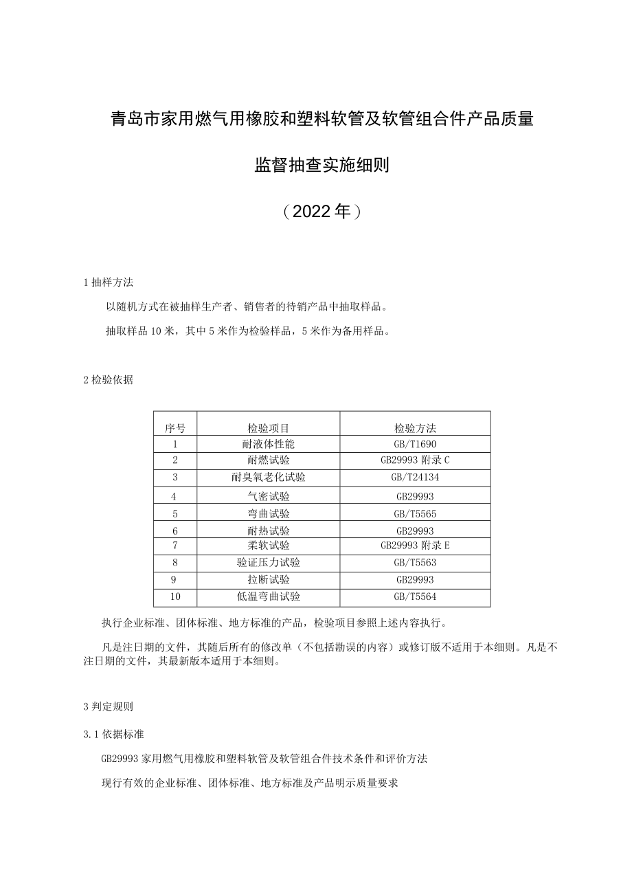 青岛市家用燃气用橡胶和塑料软管及软管组合件产品质量监督抽查实施细则2022年.docx_第1页