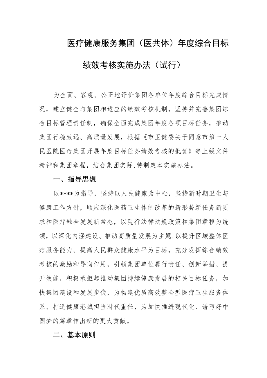 医疗健康服务集团(医共体）年度综合目标绩效考核实施办法（试行）.docx_第1页