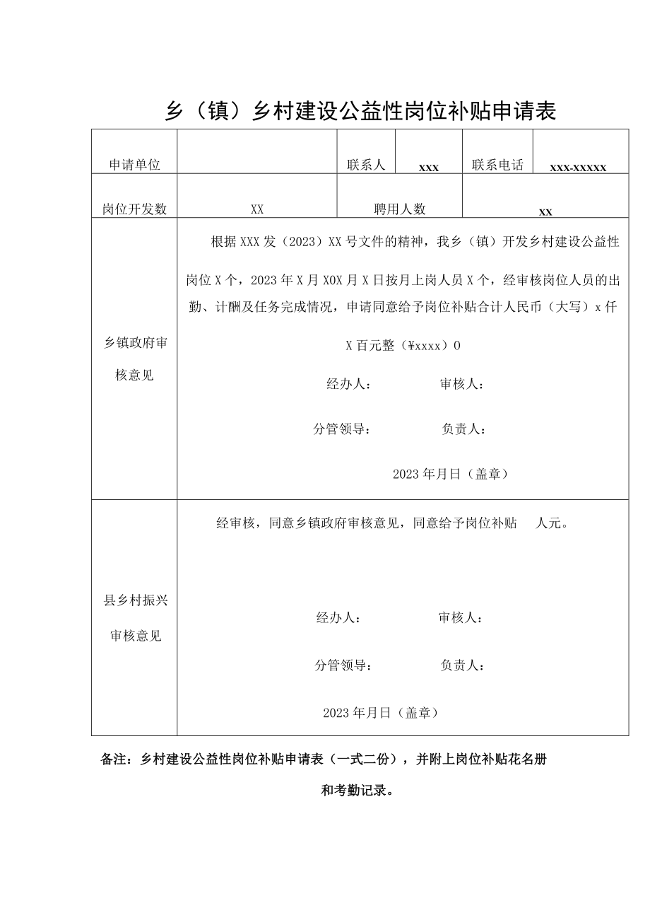 乡（镇）乡村建设公益性岗位补贴申请表.docx_第1页