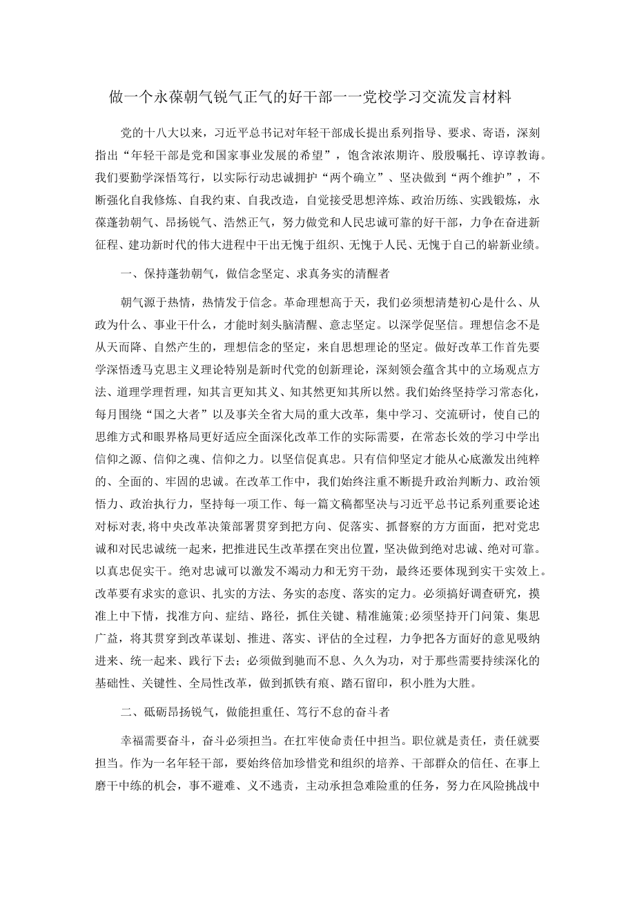 做一个永葆朝气锐气正气的好干部——党校学习交流发言材料.docx_第1页