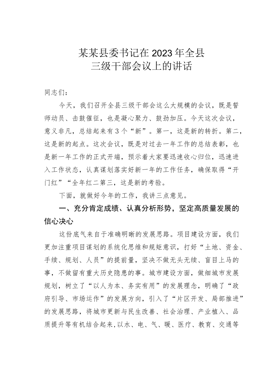 某某县委书记在2023年全县三级干部会议上的讲话.docx_第1页