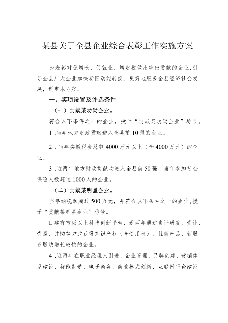 某县关于全县企业综合表彰工作实施方案.docx_第1页