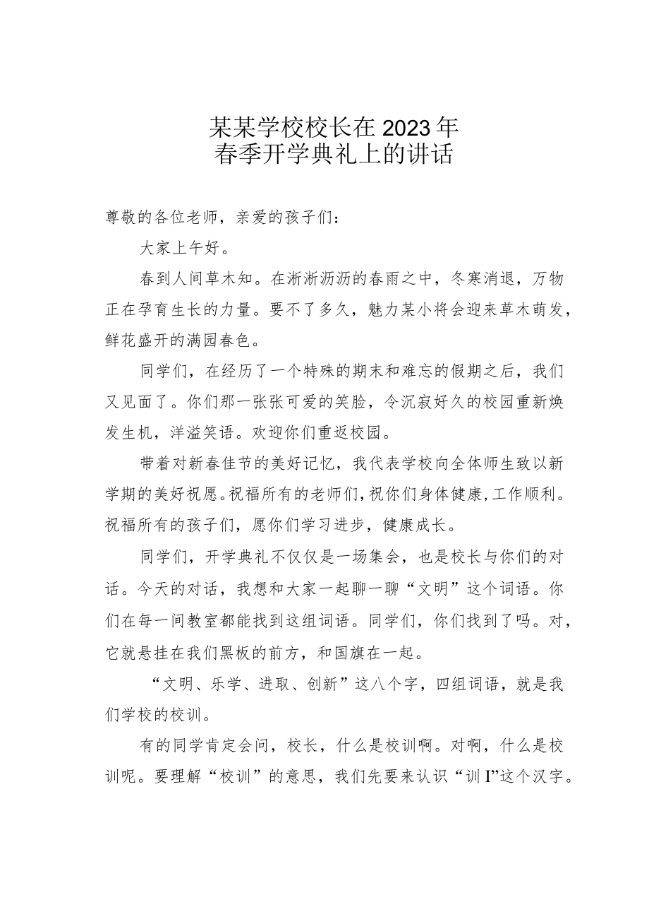 某某学校校长在2023年春季开学典礼上的讲话.docx_第1页