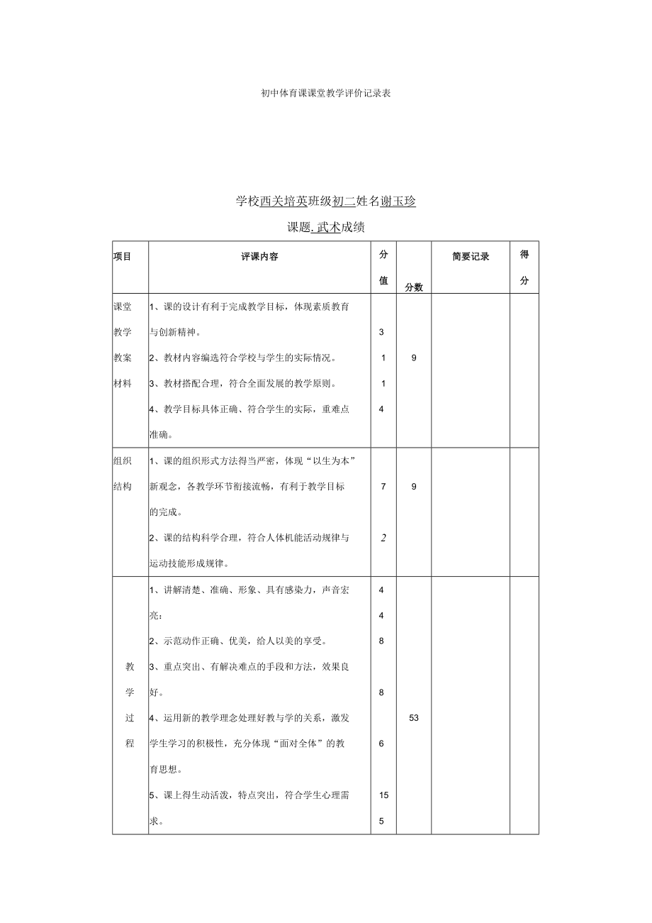 初二年级上学期武术课程评价表及反思.docx_第1页