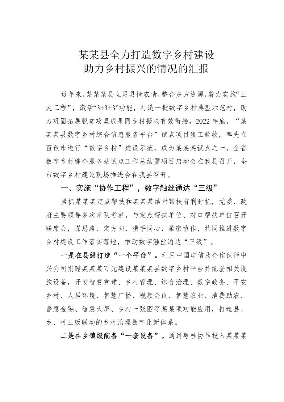 某某县全力打造数字乡村建设助力乡村振兴的情况的汇报.docx_第1页