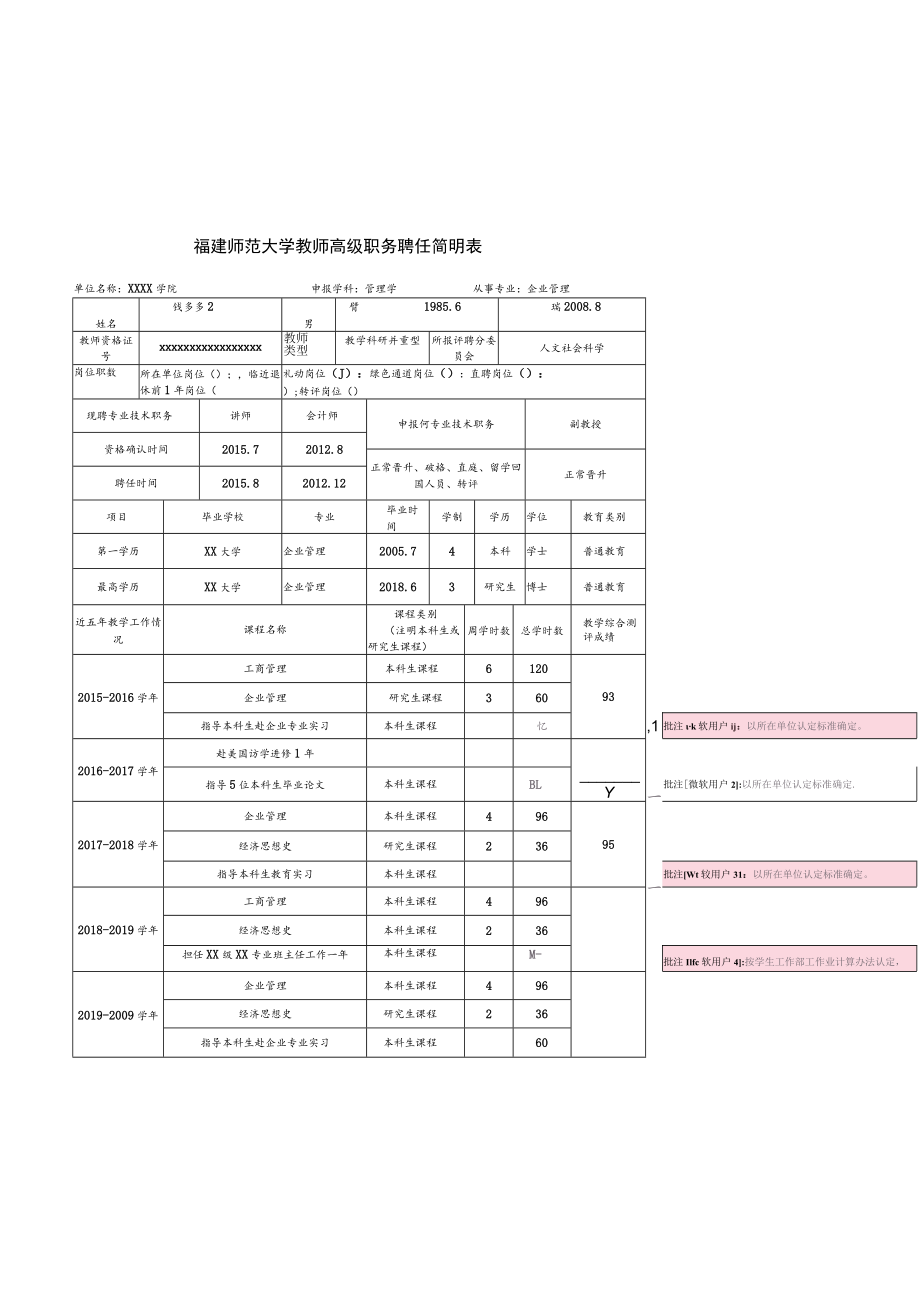 福建师范大学教师高级职务聘任简明表.docx_第1页