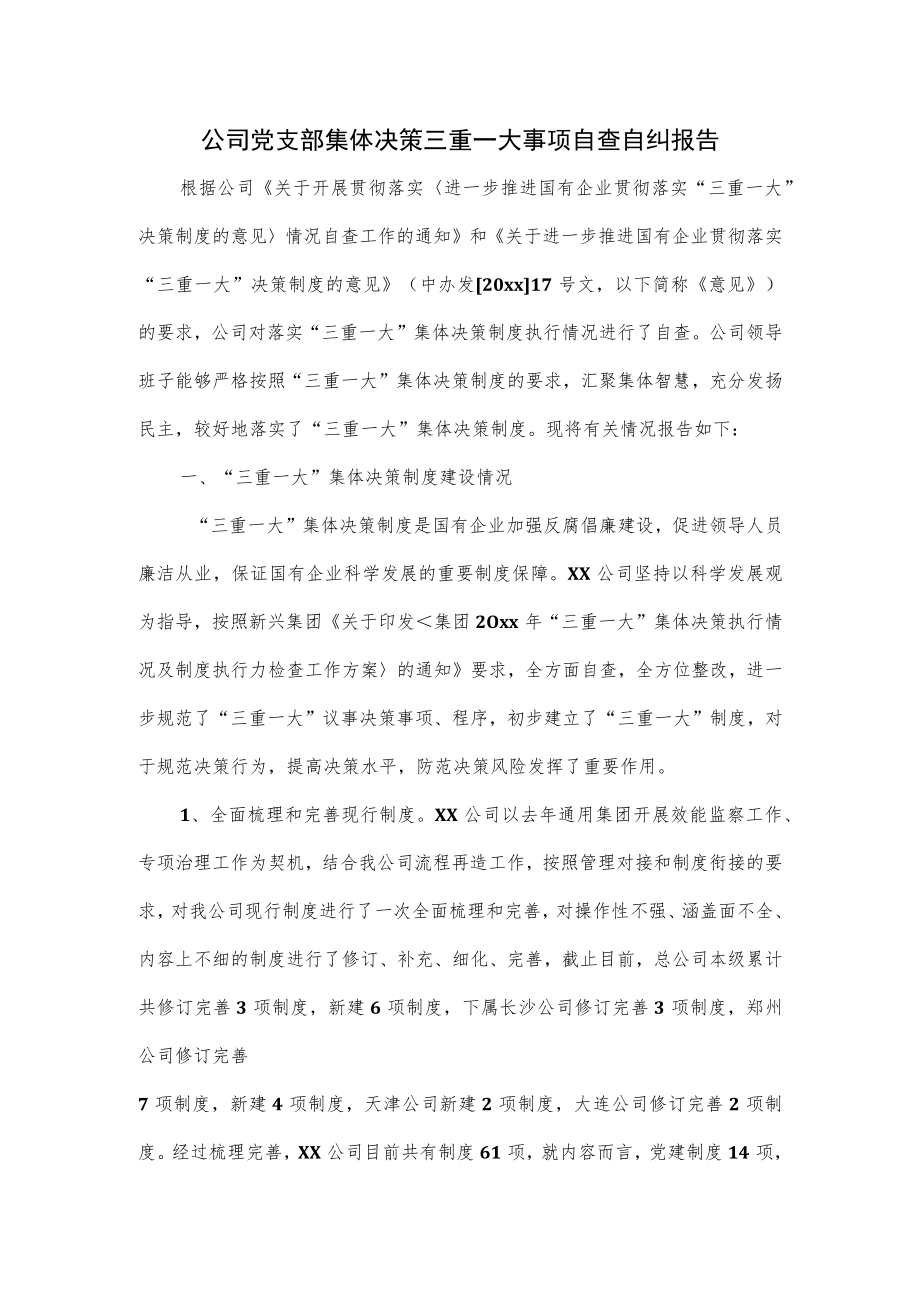 公司党支部集体决策三重一大事项自查自纠报告.docx_第1页