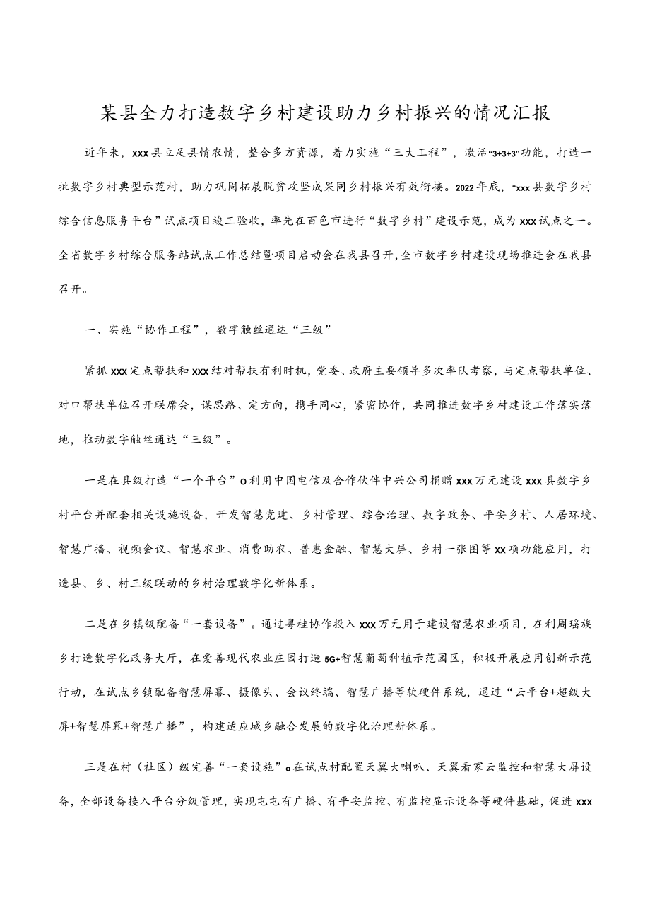 某县全力打造数字乡村建设助力乡村振兴的情况汇报.docx_第1页