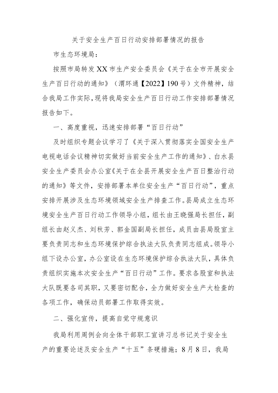 关于安全生产百日行动安排部署情况的报告.docx_第1页