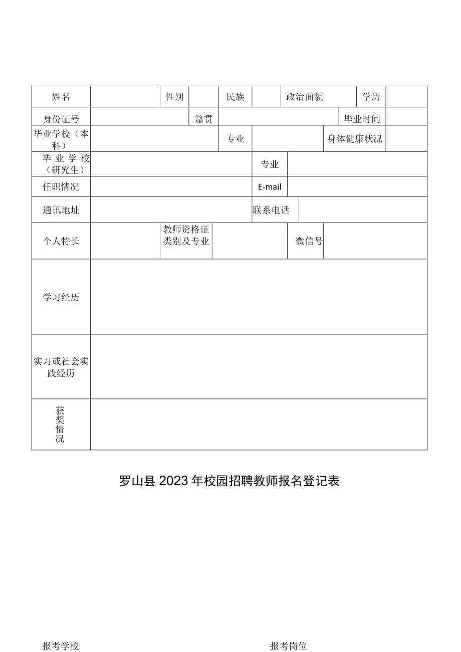 罗山县2023年校园招聘教师报名登记表.docx_第1页