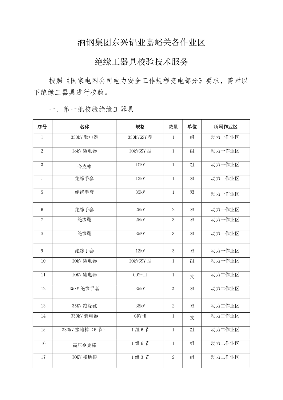 酒钢集团东兴铝业嘉峪关各作业区绝缘工器具校验技术服务.docx_第1页