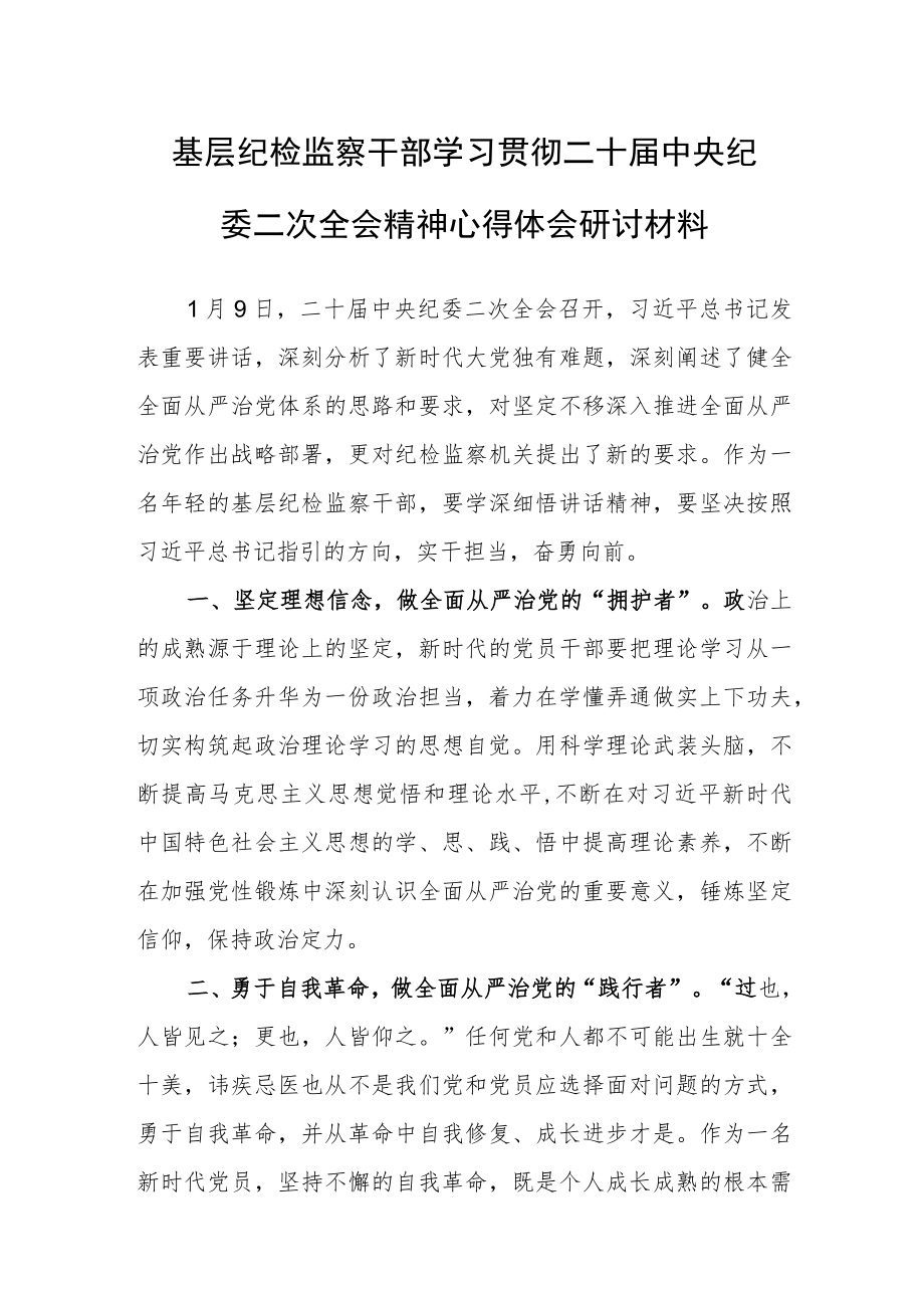 2023纪检监察干部学习贯彻二十届中央纪委二次全会重要讲话精神心得体会研讨.docx_第1页