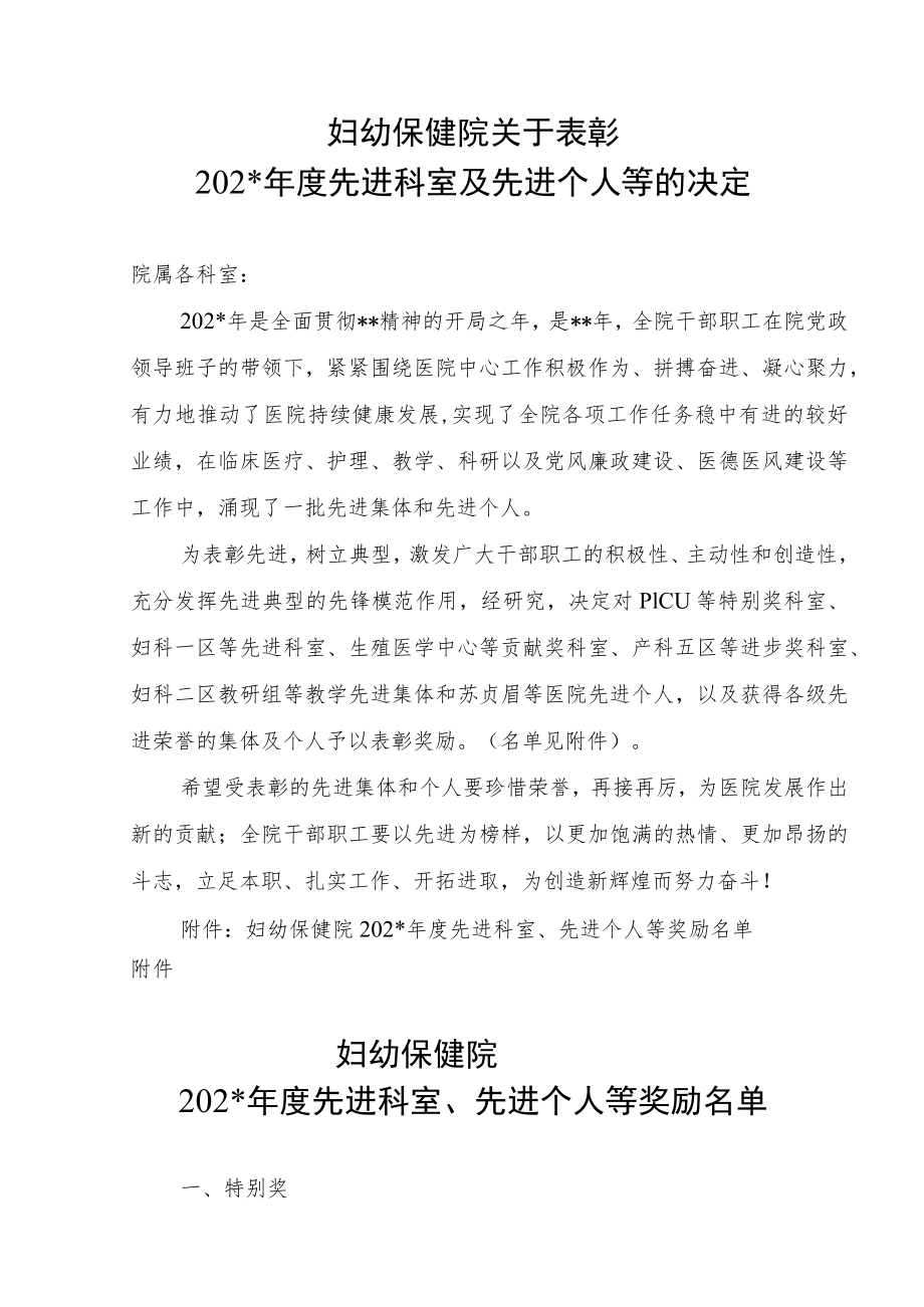 妇幼保健院关于表彰年度先进科室及先进个人的决定.docx_第1页