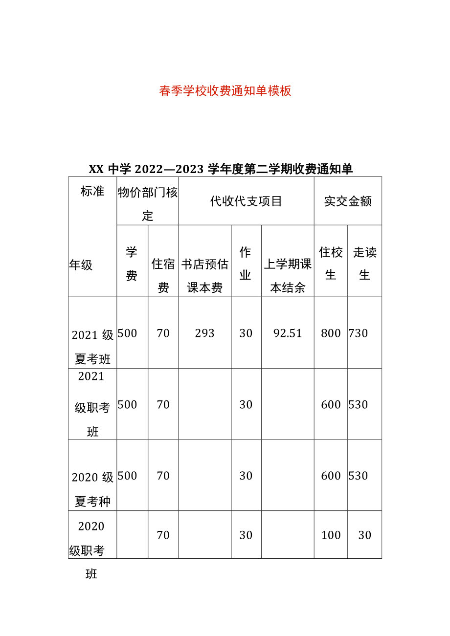 春季学校收费通知单模板.docx_第1页