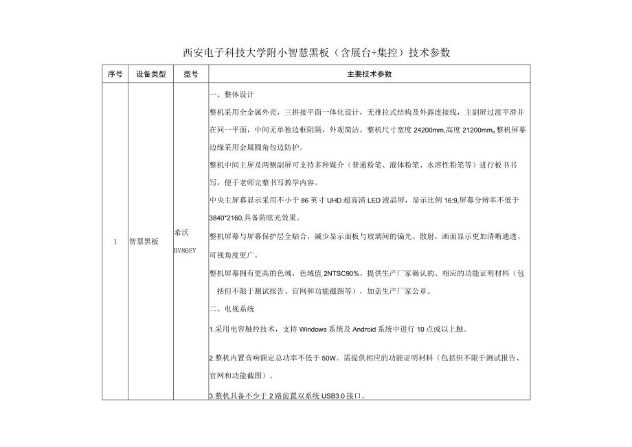 西安电子科技大学附小智慧黑板含展台 集控技术参数.docx_第1页