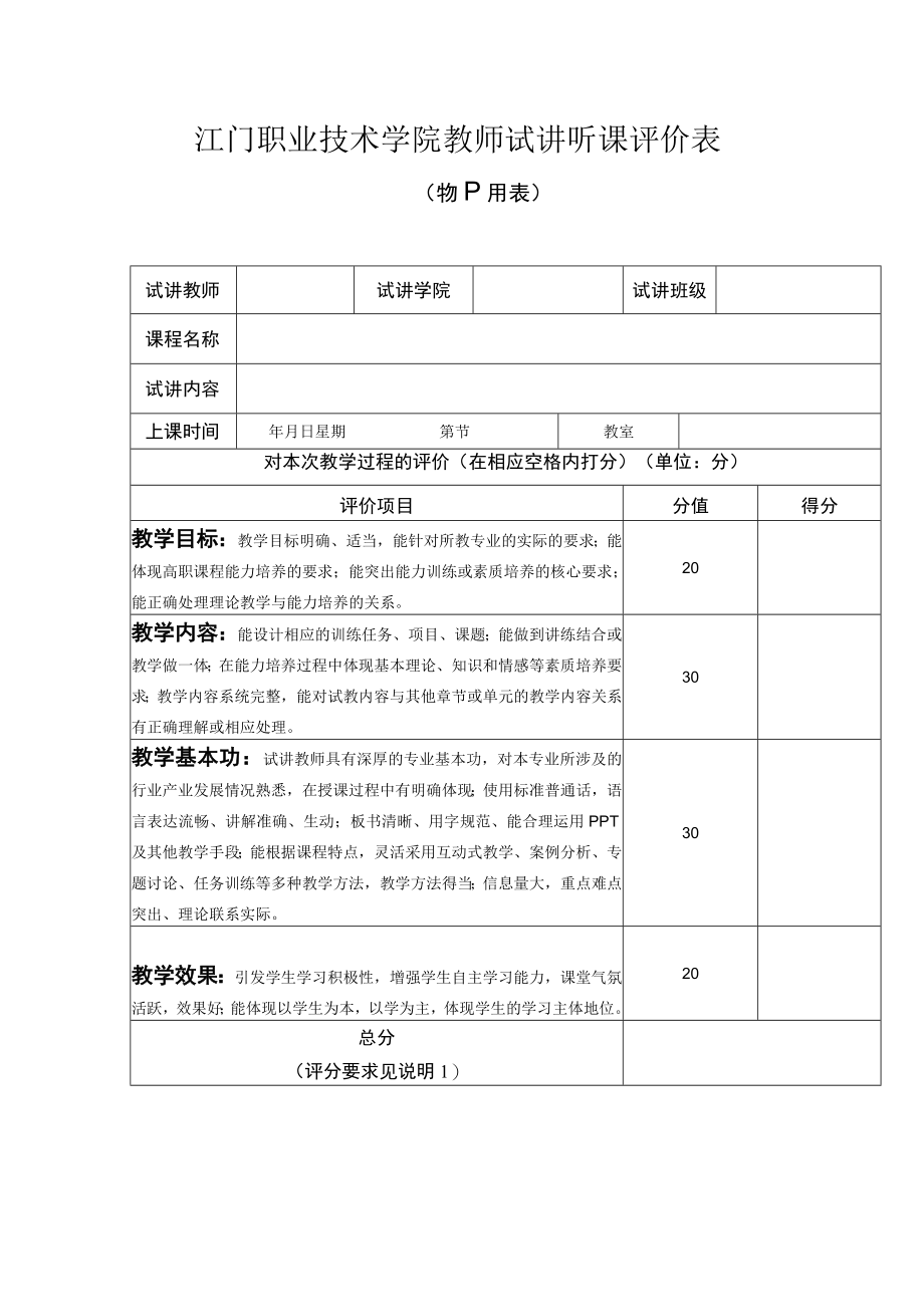 江门职业技术学院听课记录表.docx_第1页
