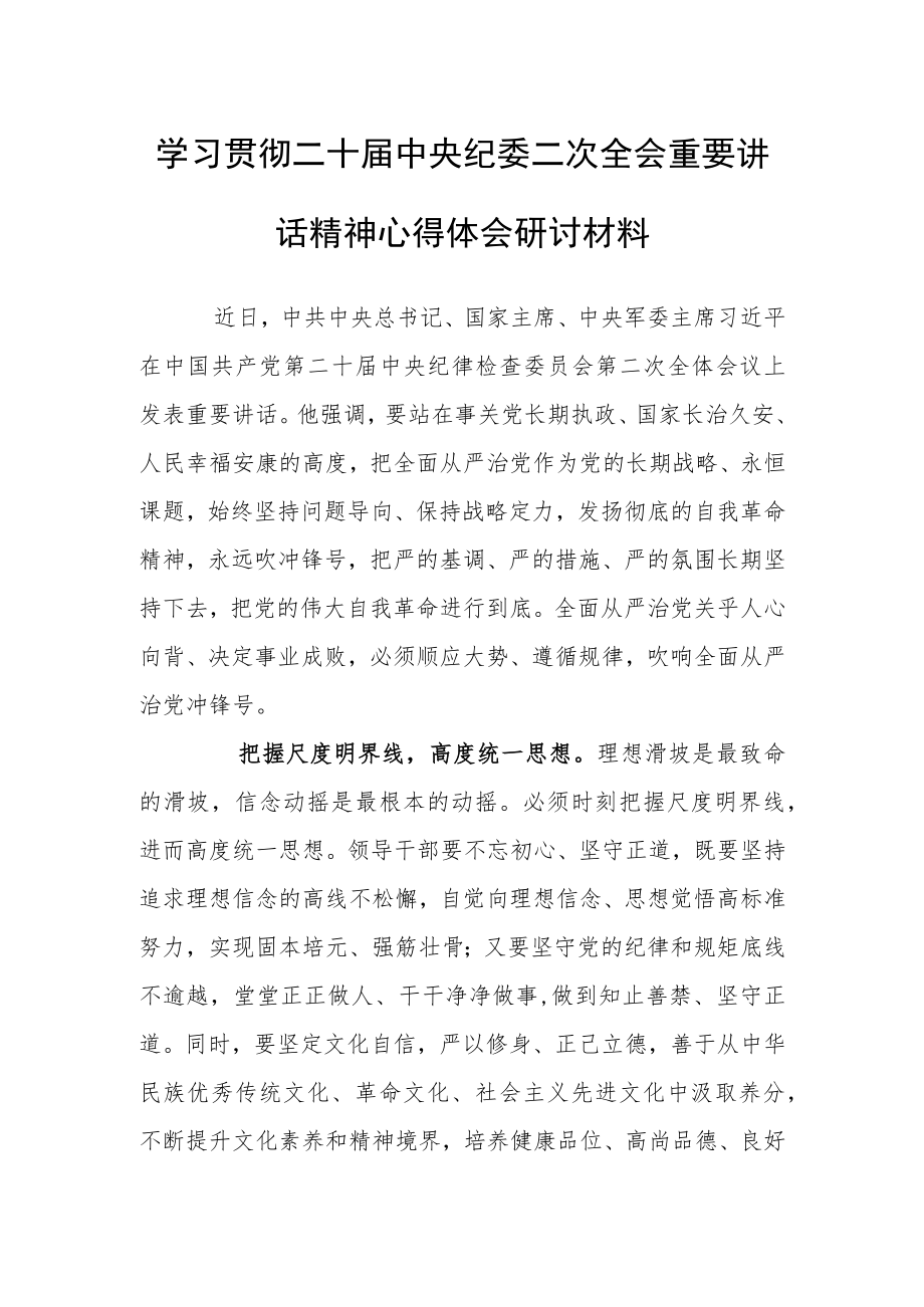 学习贯彻二十届中央纪委二次全会重要讲话精神心得体会研讨材料（一）.docx_第1页