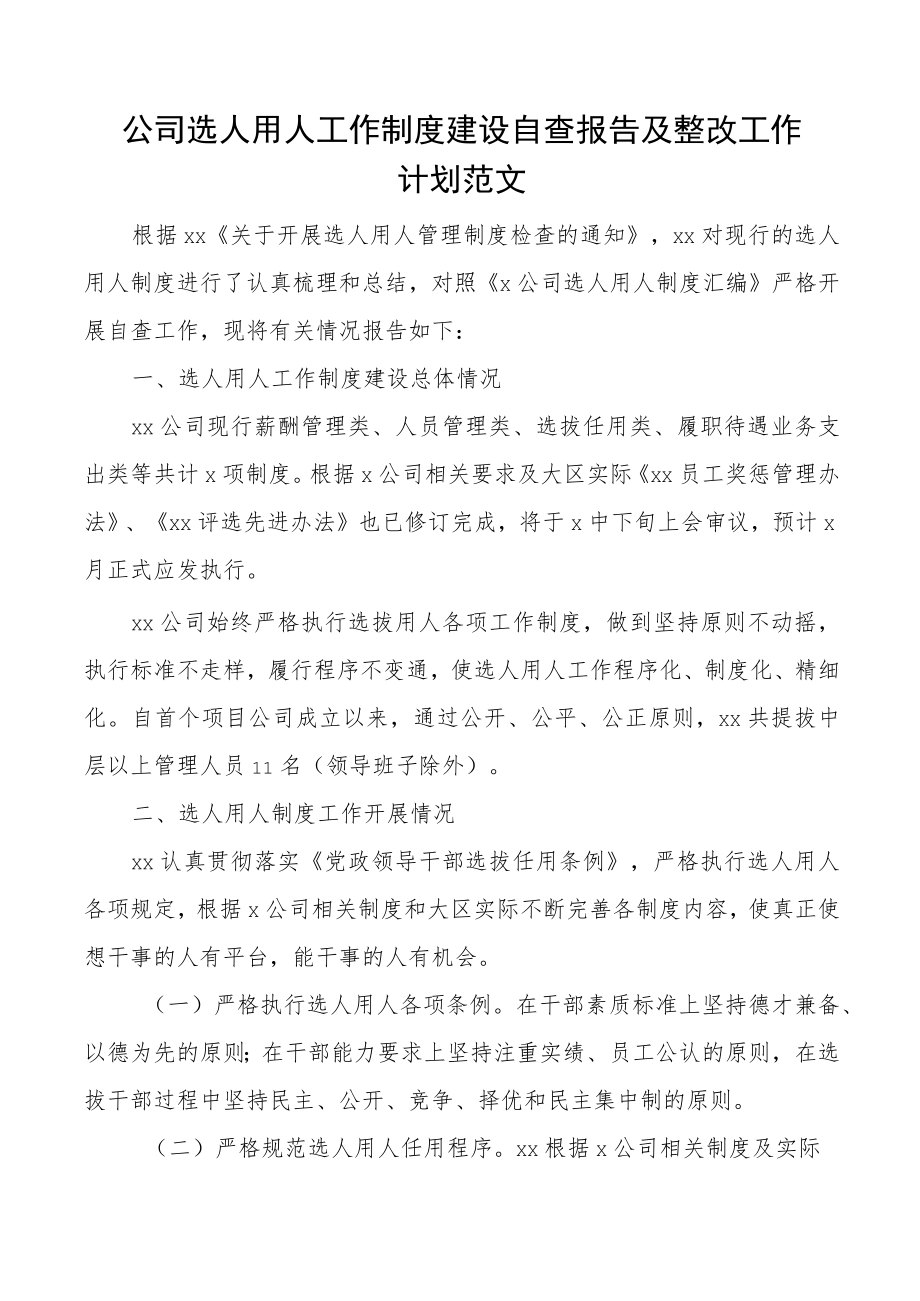 公司选人用人工作制度建设自查报告及整改工作计划范文集团企业工作汇报总结存在问题整改措施.docx_第1页