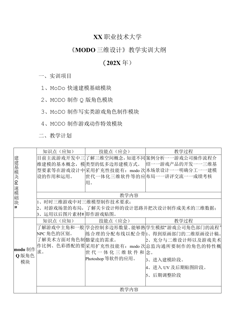 XX职业技术大学《MODO三维设计》教学实训大纲（202X年）.docx_第1页