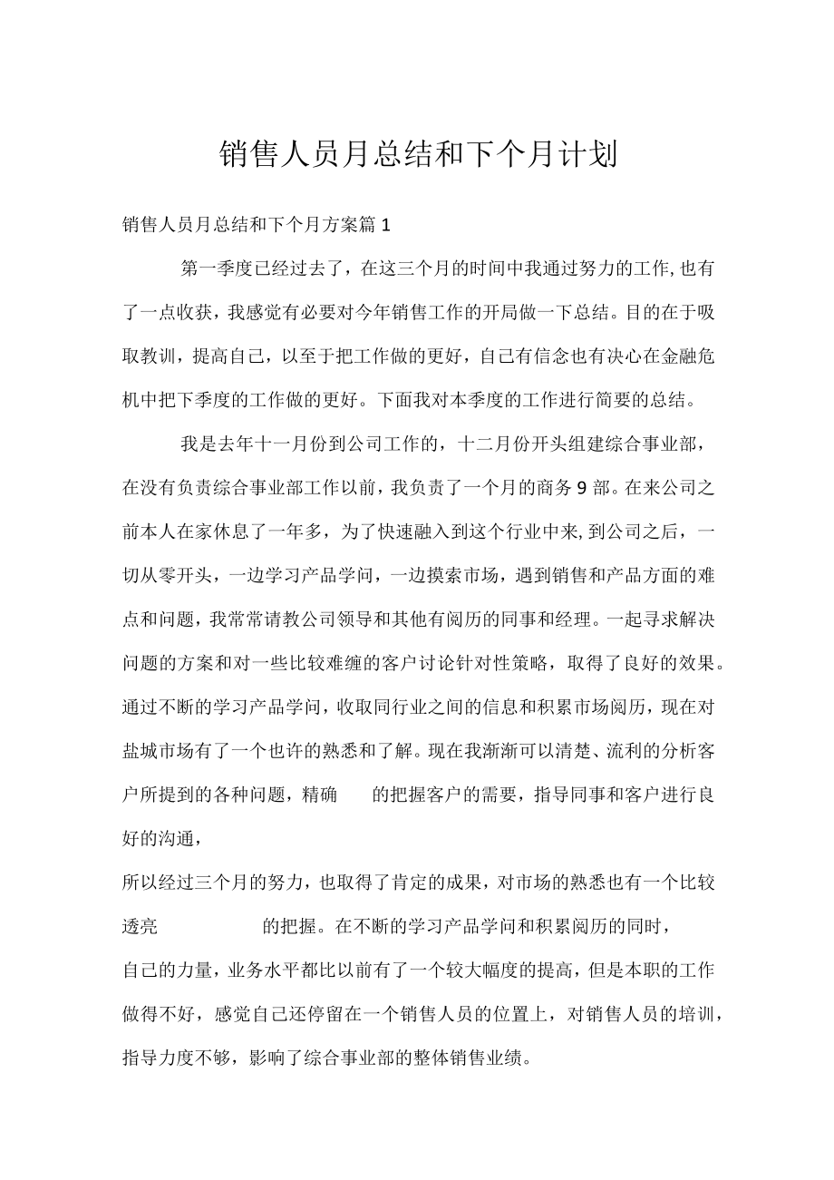 销售人员月总结和下个月计划.docx_第1页