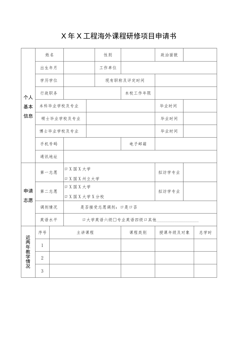 X年X工程海外课程研修项目申请书.docx_第1页