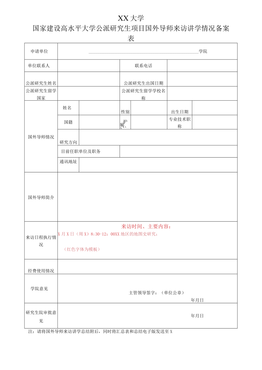 XX大学国家建设高水平大学公派研究生项目国外导师来访讲学情况备案表.docx_第1页