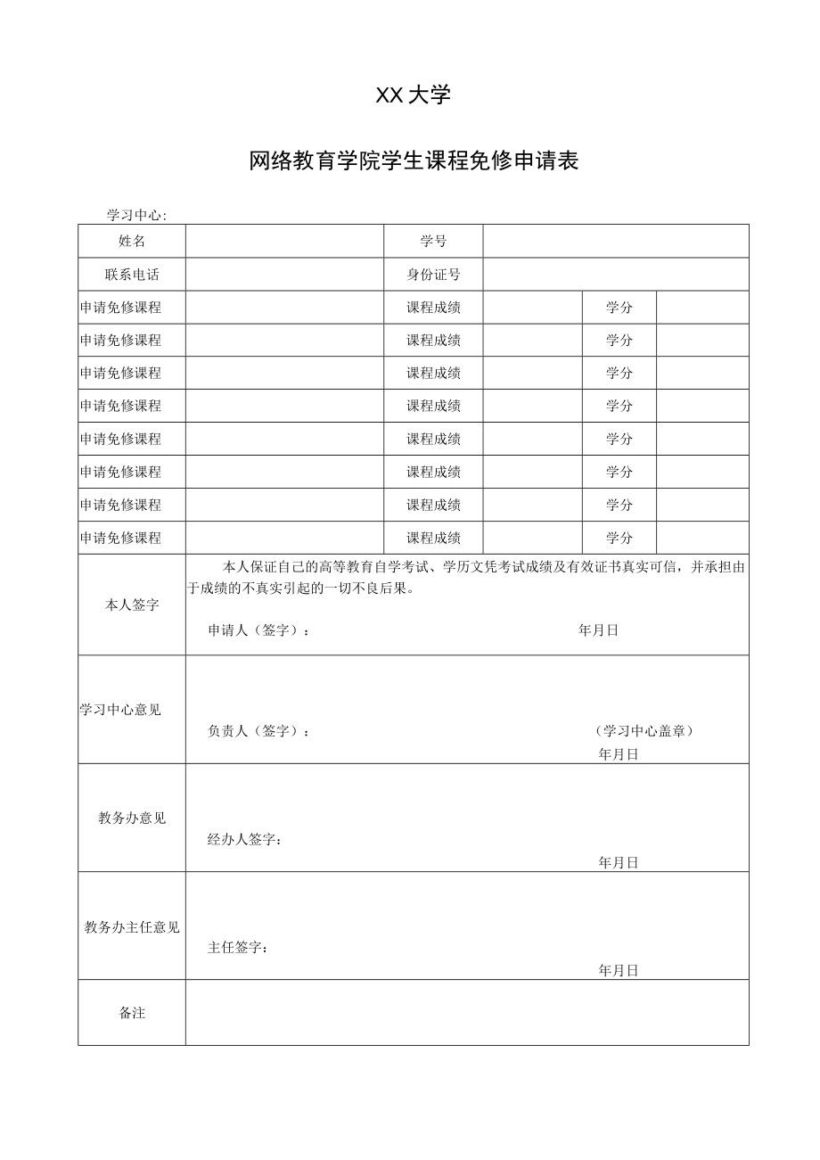 XX大学网络教育学院学生课程免修申请表.docx_第1页